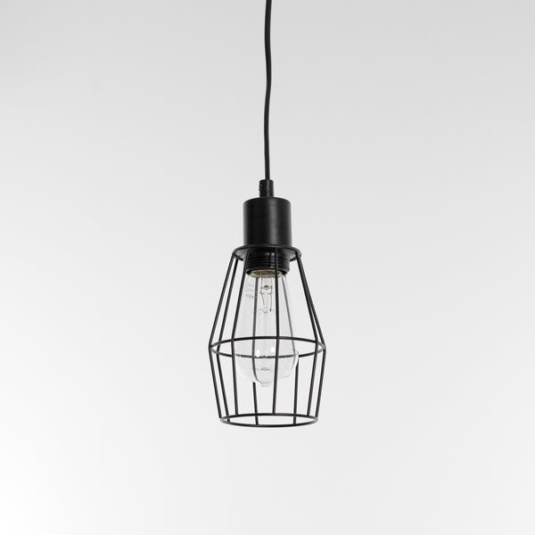 black industrial pendant light on a white background