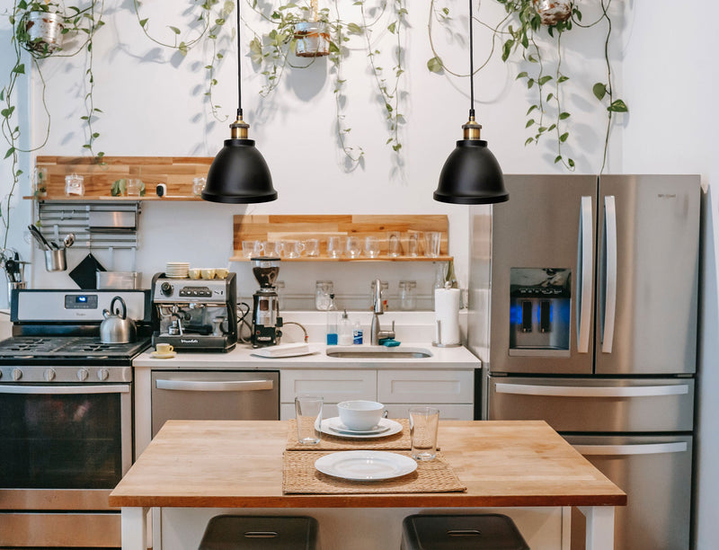 black and brass dome pendant light hanging in a modern country kitchen with plants