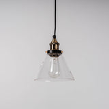 cone shape glass pendant light with black and brass hardware