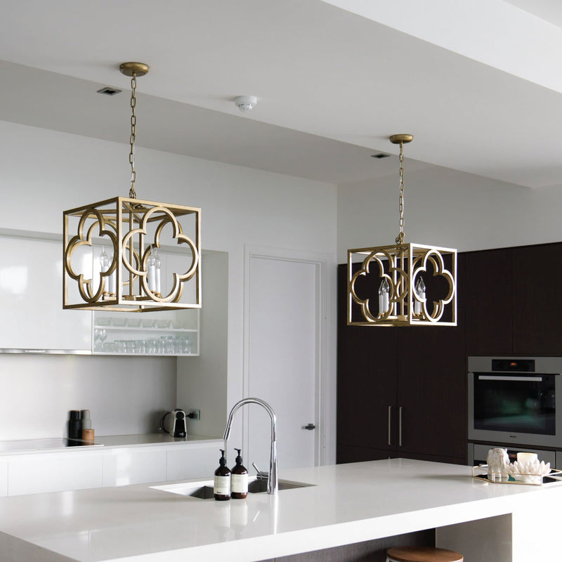 two american style box pendant lights hanging in a modern white kitchen