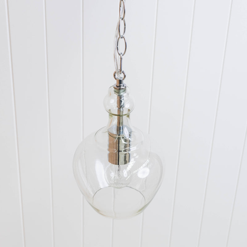 medium and large glass pendant light with chrome hardware