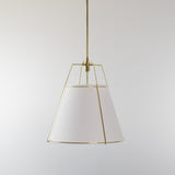 white linen drum pendant light with gold hardware
